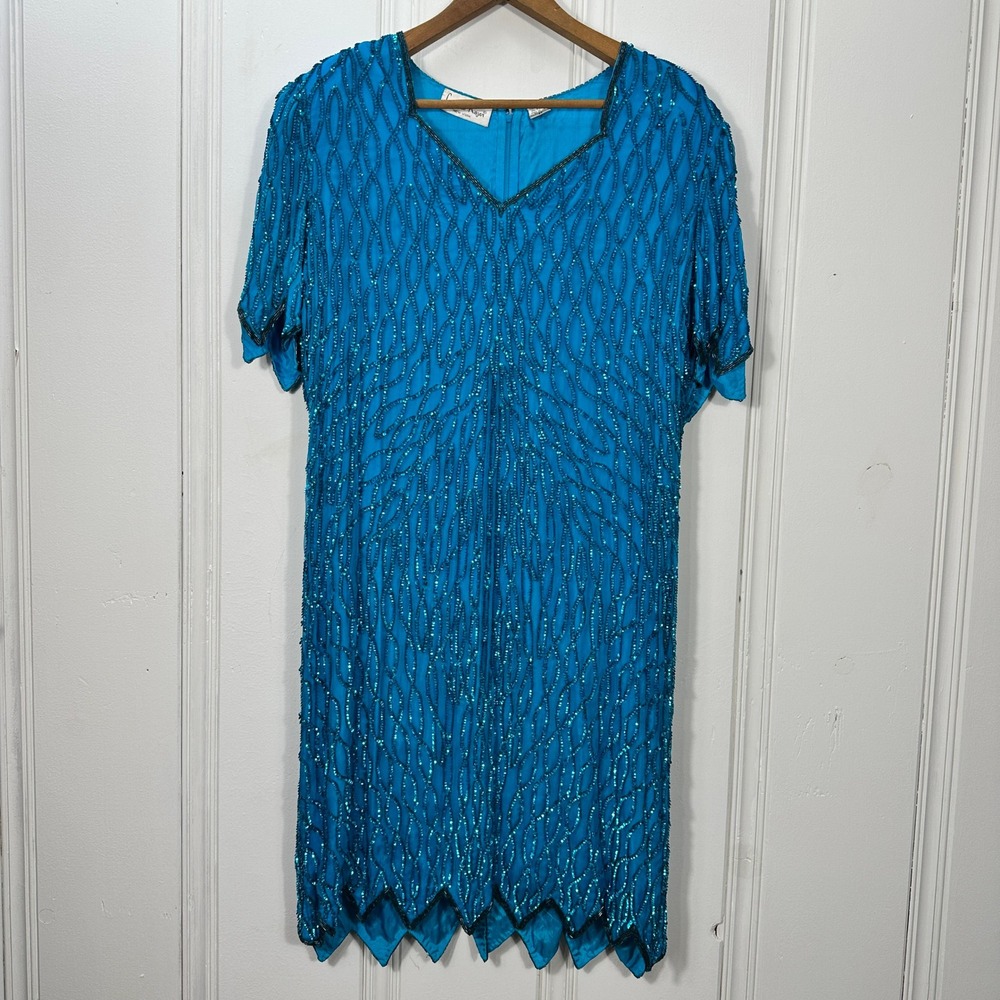 Vintage 1980s Laurence Kazar Silk Beaded Dress Turquoise Sequin Evening Dress 2X